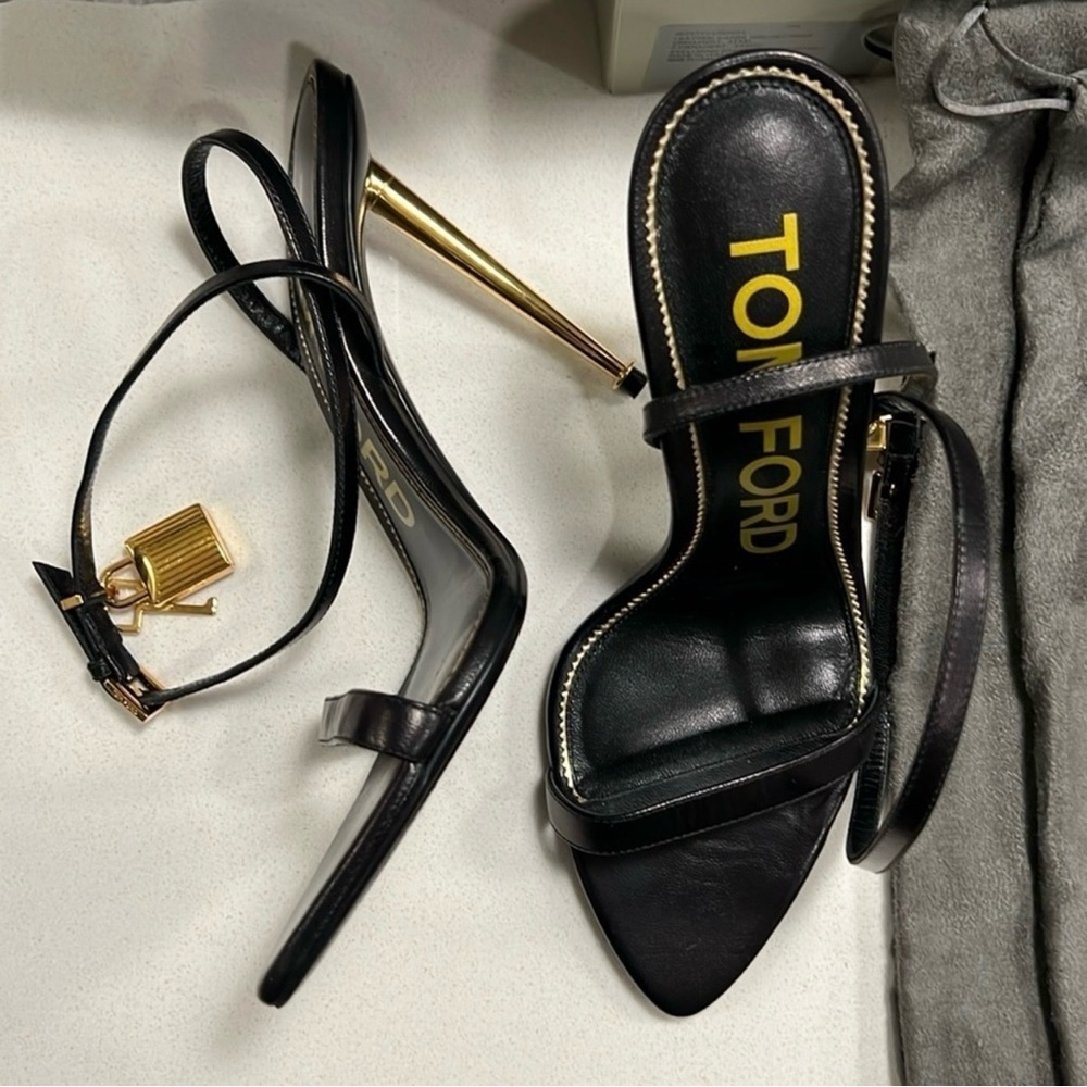 Tom Ford Black Leather Ankle-Strap Stiletto Sandals with Gold Heel - Picture 3 of 11